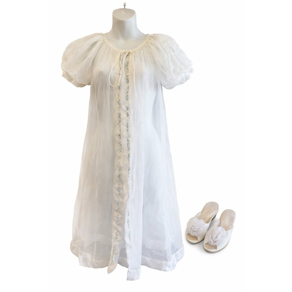 Vtg 50s Miss Elaine White Lace Chiffon Nylon Nightgown Lingerie & Slippers Sz S